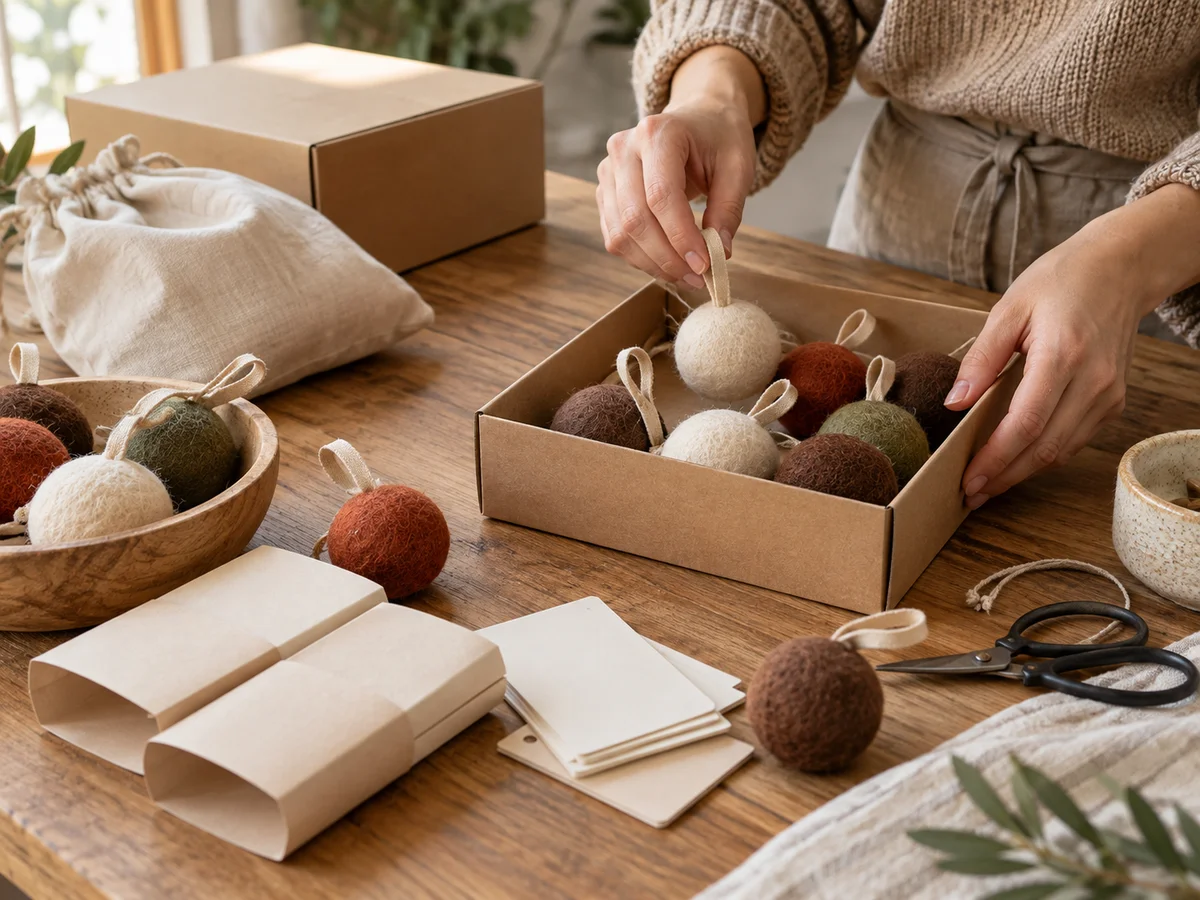 Felt toy colors and kraft packaging arranged during a packaging planning study