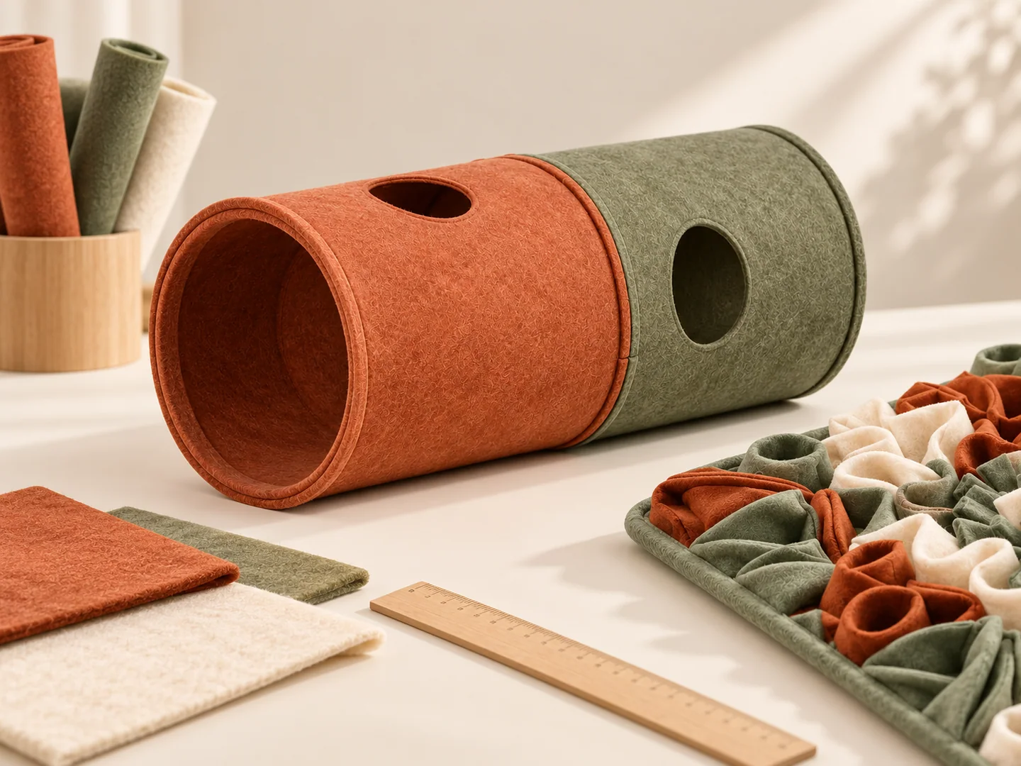 A terracotta and olive felt tunnel, felt swatches, a wooden ruler and a snuffle mat