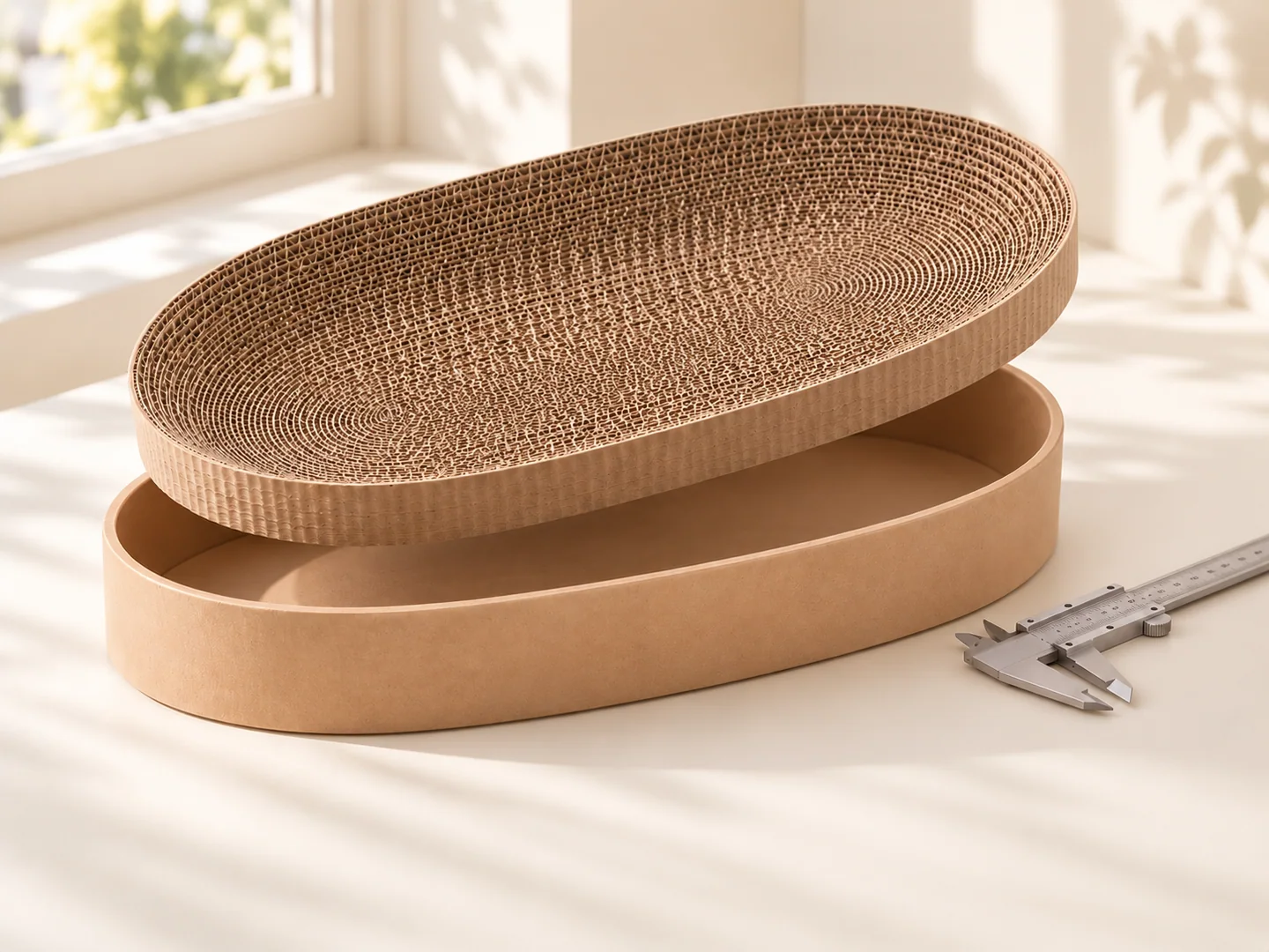 An oval cardboard scratcher with its insert lifted above the tray and a caliper on the table
