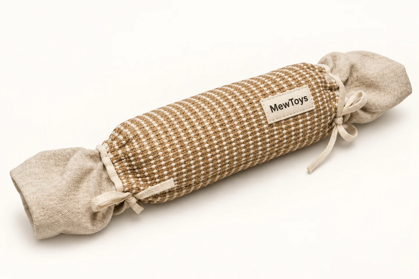 Juguete tejido con forma de caramelo, etiqueta MewToys crema y extremos fruncidos