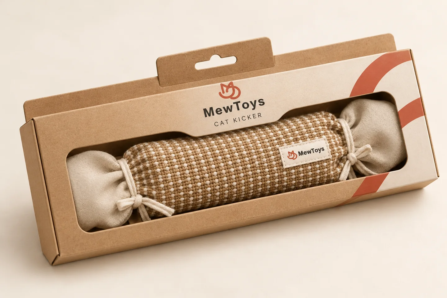 Juguete B06 tejido con forma de caramelo en caja kraft con ventana y pestaña para colgar
