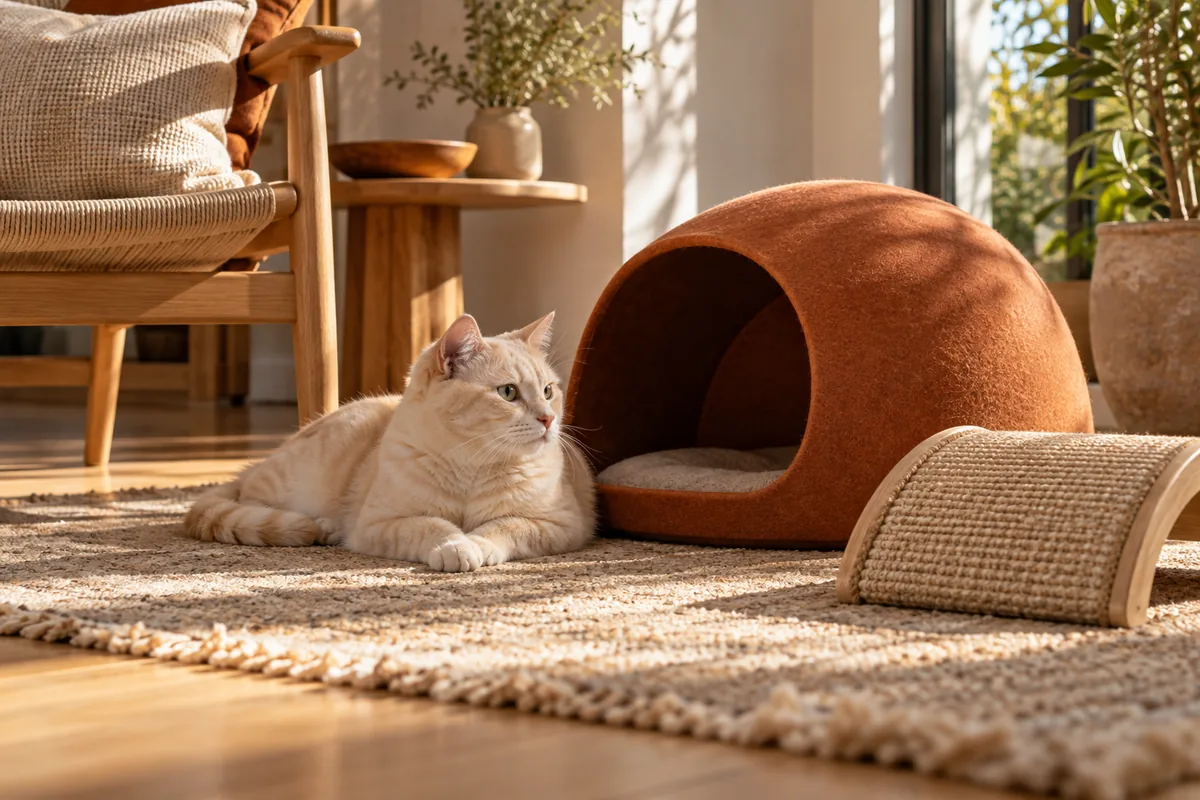 Cat beside a felt hideaway and sisal mat in a warm home setting