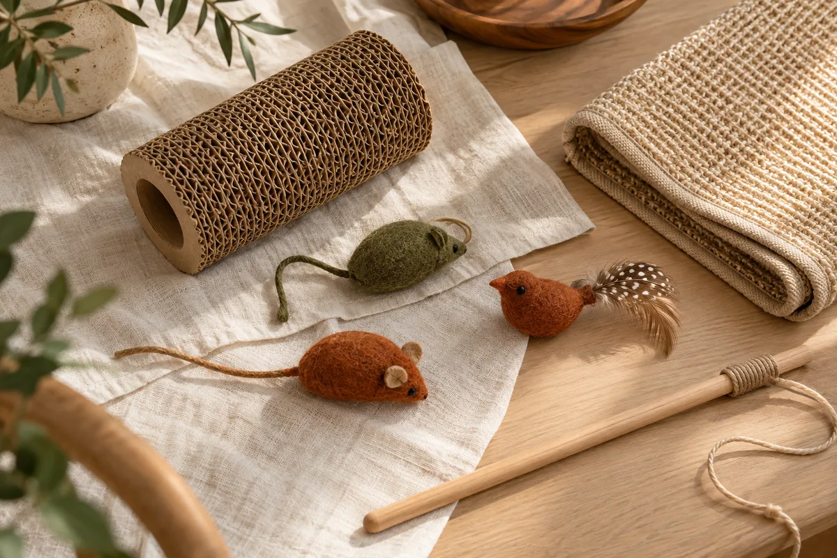 Cat-play collection study with cardboard, felt toys, wood and sisal