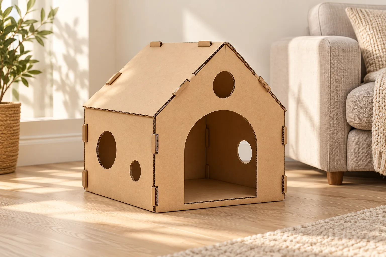 Maison en carton kraft avec entrée en arche et fenêtres rondes sur un parquet à côté d’un canapé