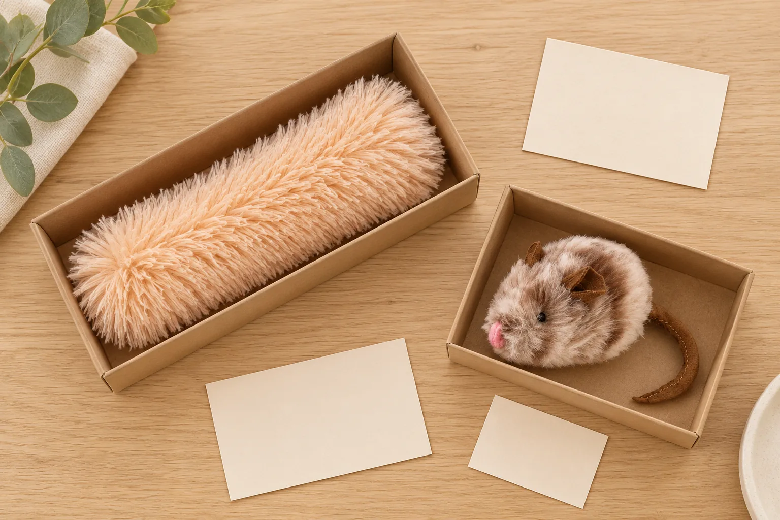 Jouet long pêche et souris brune dans deux plateaux kraft ouverts avec cartes vierges