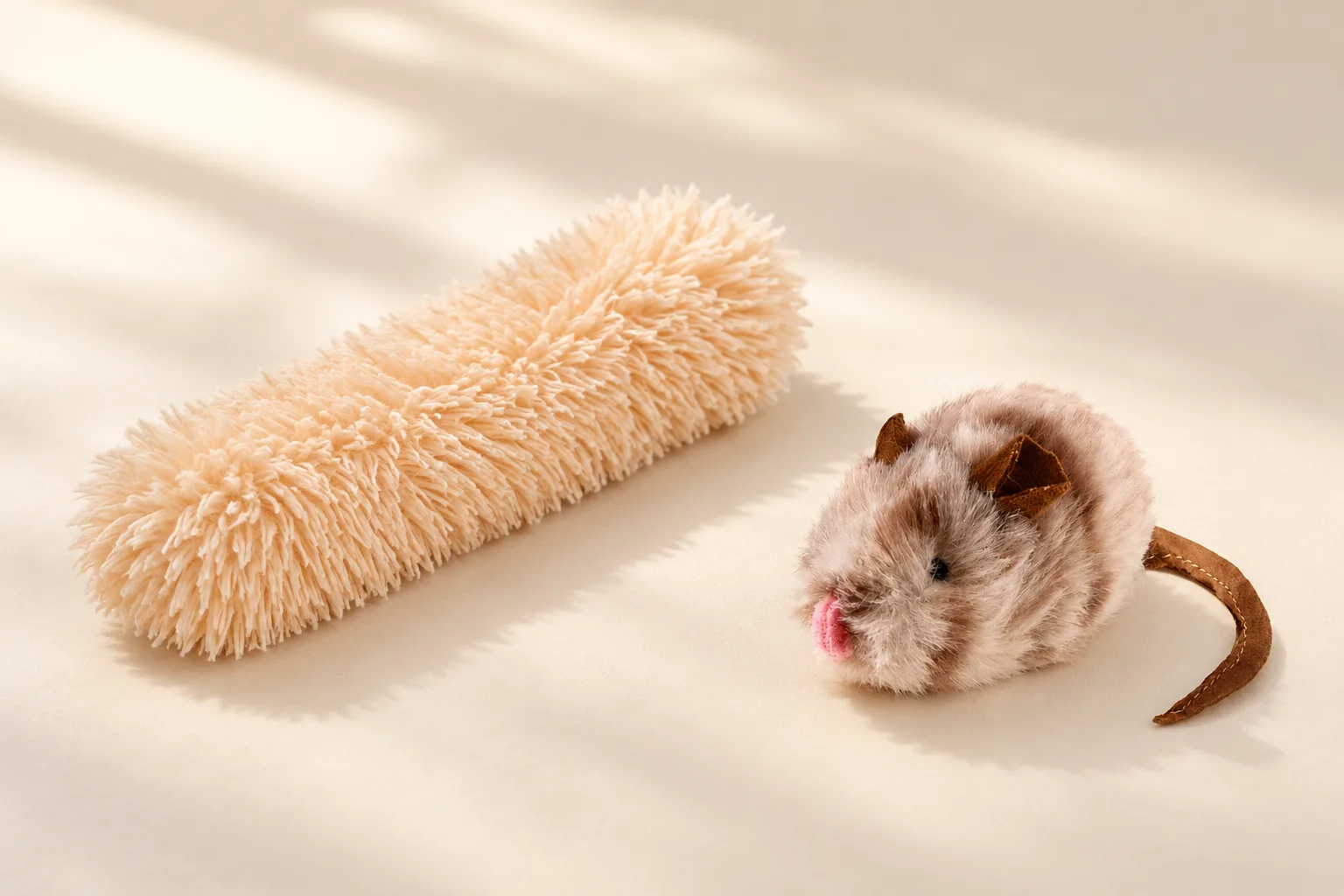 Jouet long à poils longs couleur pêche à côté d’une souris brune avec oreilles en tissu et queue plate