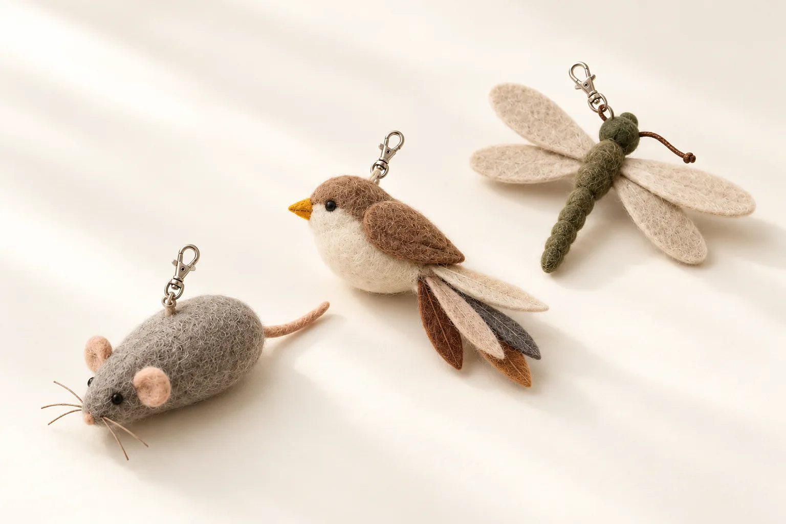 Gray felt mouse, brown and cream felt bird, and olive dragonfly with their metal attachment fittings