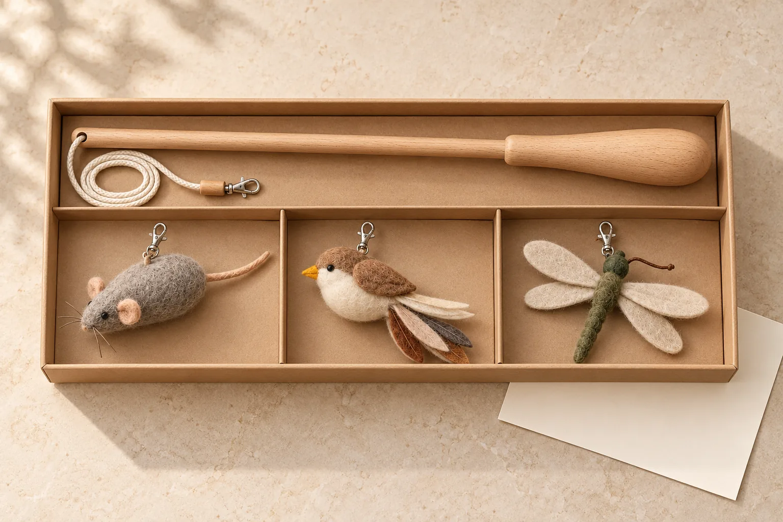 Open kraft tray with one wooden wand and cord above three compartments holding a mouse, bird and dragonfly