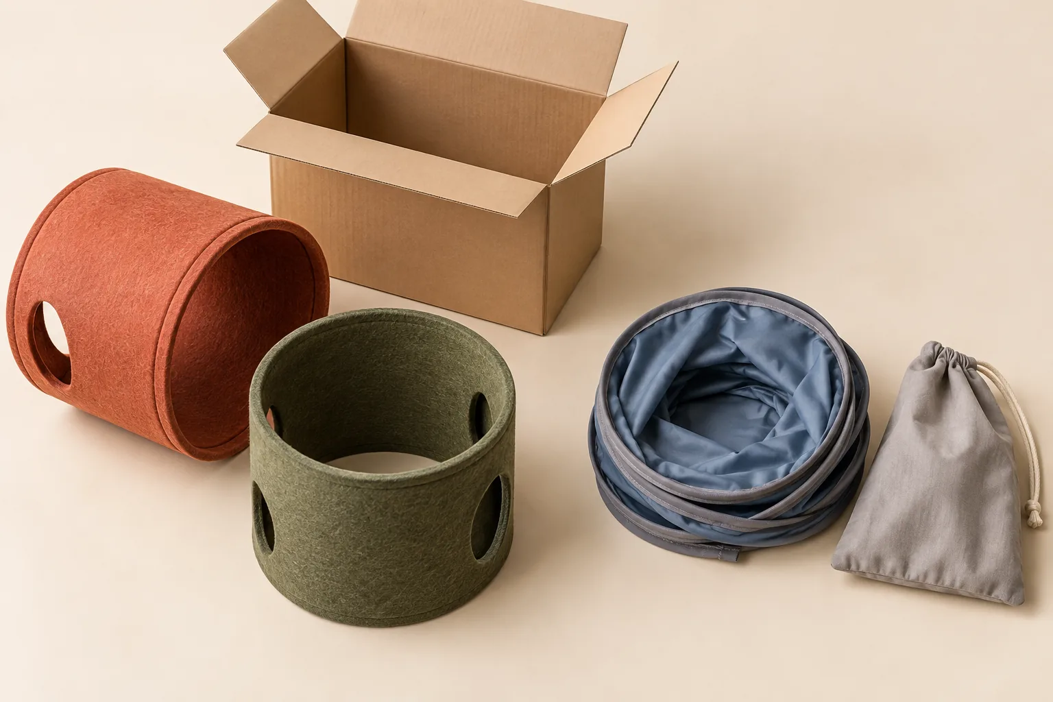 New concept illustration showing separated felt sections beside a carton and a collapsed fabric tunnel beside a storage bag