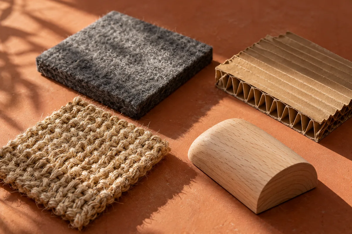 Échantillons de feutre, carton ondulé, sisal et hêtre sur une surface terracotta
