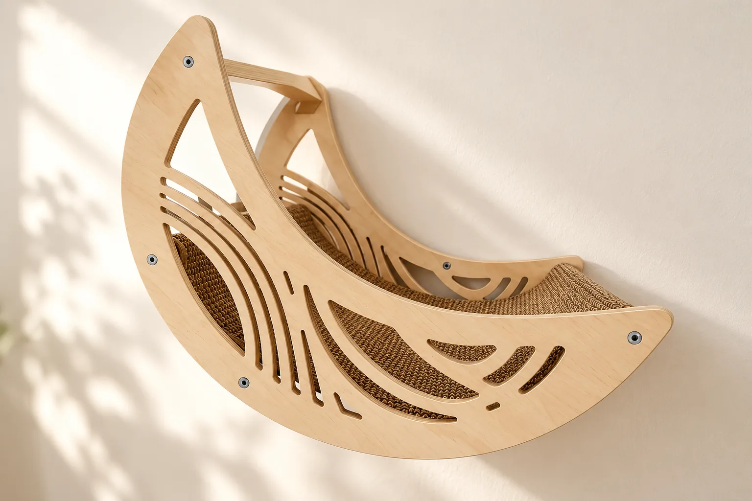 Close view of parallel crescent plywood panels, silver fixings and a thin brown woven resting surface in a wall-mounted cat bed
