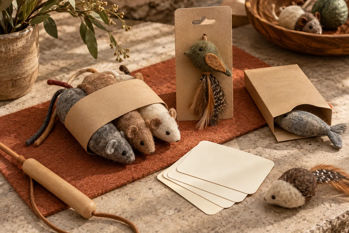 Cat toy presentation study with sleeves, hanging cards and care inserts