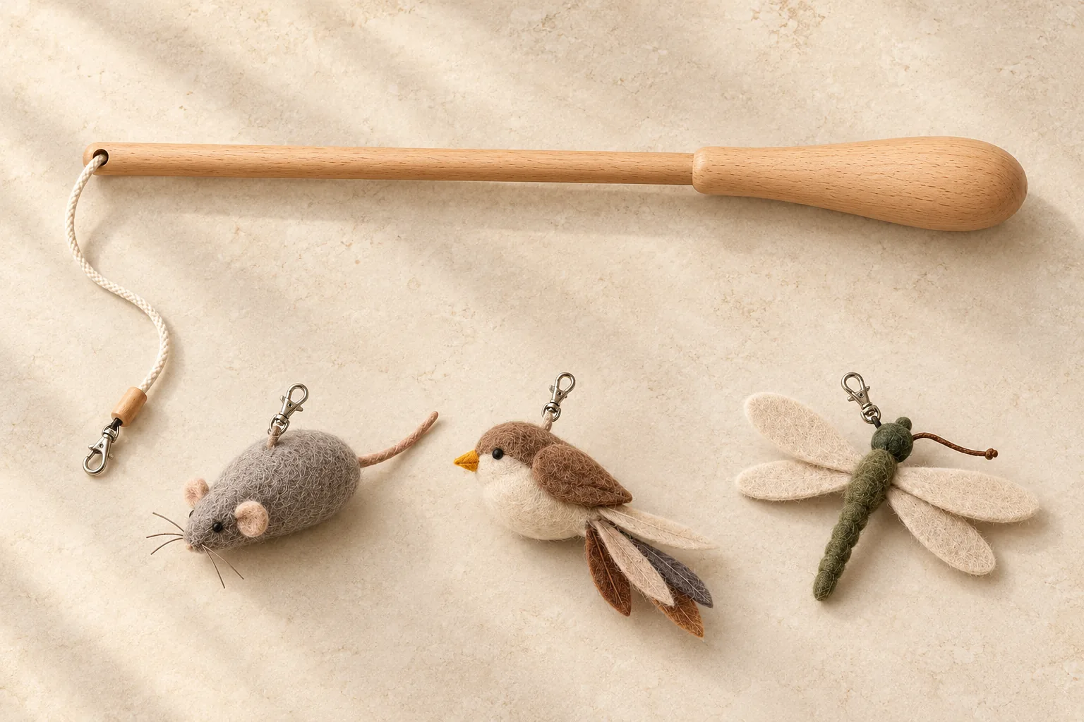 Holz-Katzenangel mit cremefarbener Schnur neben Maus, Vogel und Libelle aus Filz