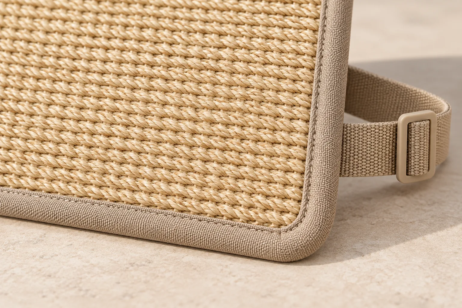Nahaufnahme von Sisalgewebe, abgerundeter Textileinfassung und verstellbarem Gurtband