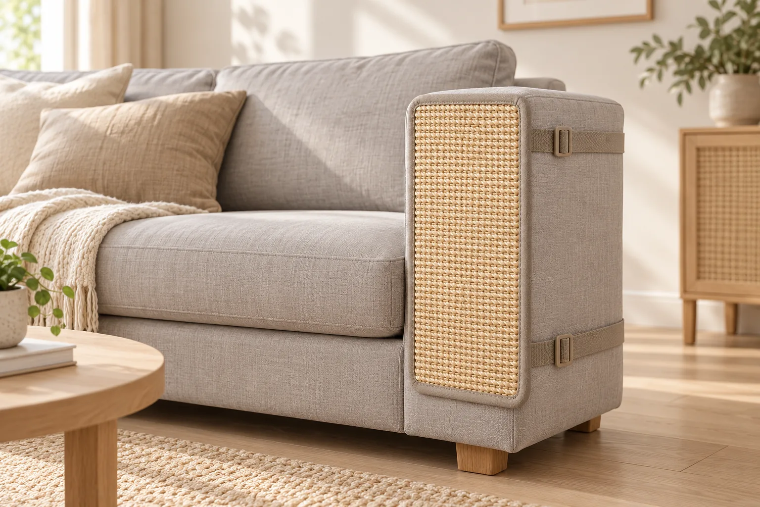 Tapis rectangulaire en sisal fixé par deux sangles sur l’extrémité d’un accoudoir de canapé gris