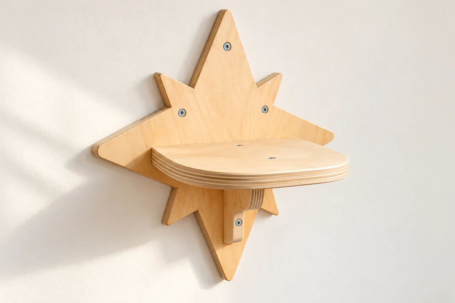 Starburst plywood wall step with a rounded horizontal tread, layered edge and central underside support