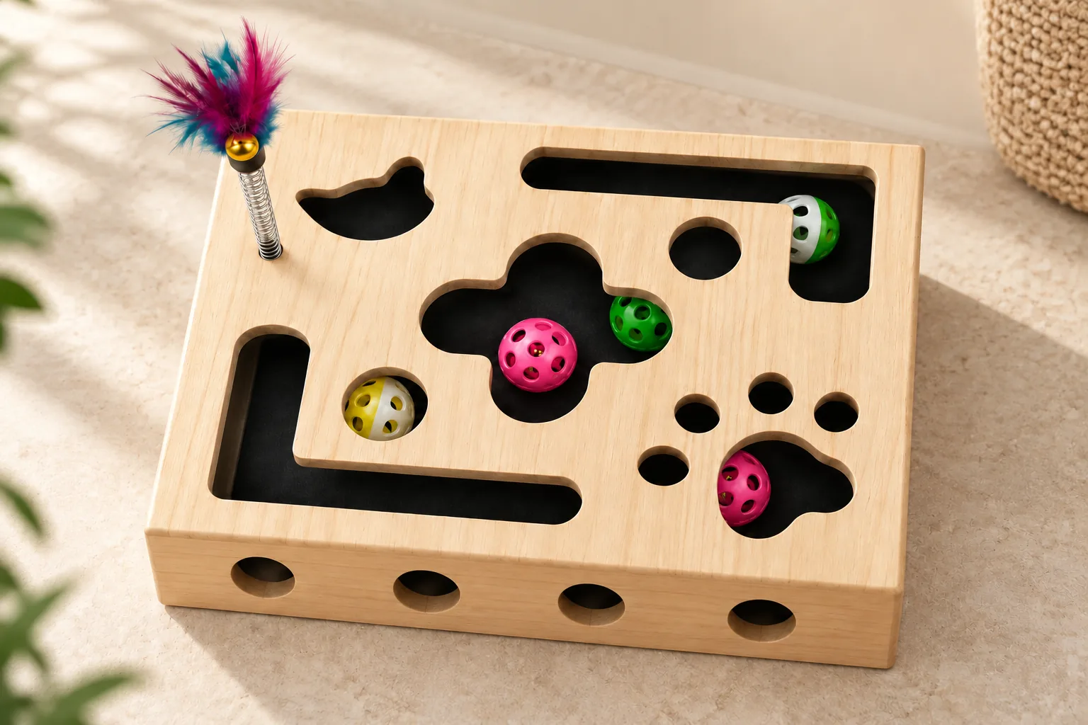 Caja de juegos de madera con recortes en la tapa, cuatro orificios frontales, bolas de colores dentro y una pluma sobre un muelle