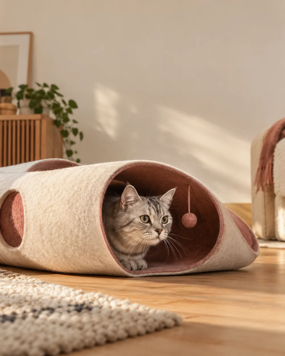 Illustration d'un chat tigré explorant un ensemble tunnel et couchage crème et rose