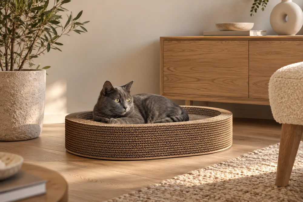 Illustration d'un chat gris dans un griffoir-couchage en carton