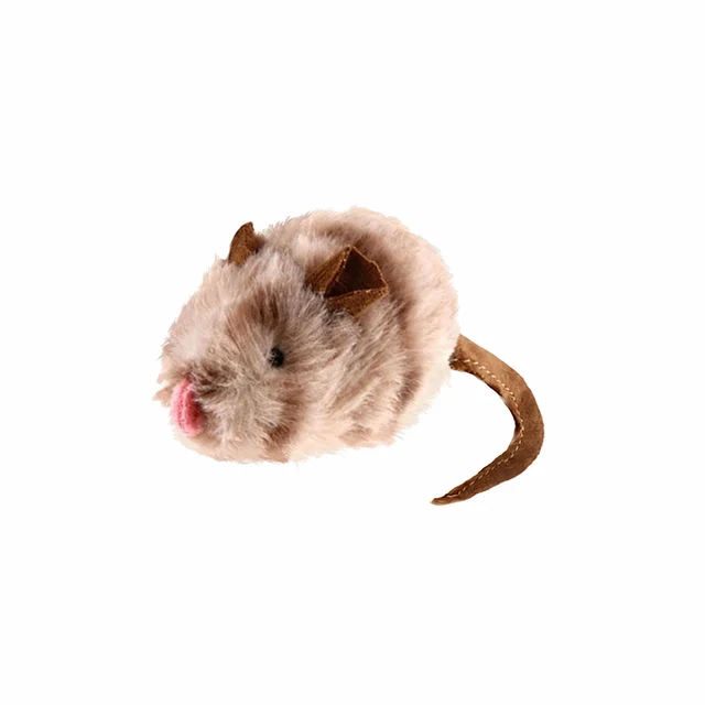 Ratón de peluche marrón y crema con orejas de tela y cola curva