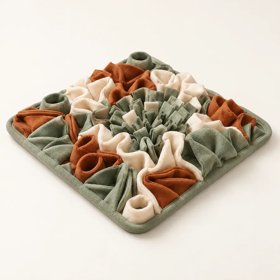 Concept de tapis de fouille en feutre olive, rouille et crème