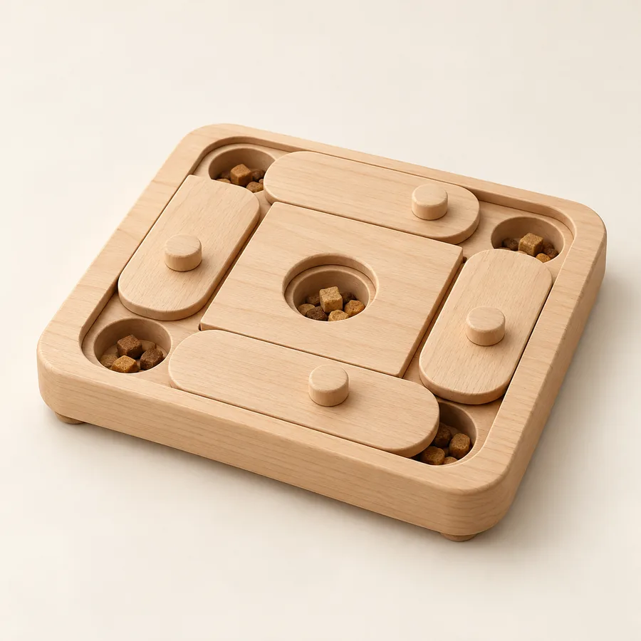 Concepto de comedero interactivo de madera con tapas deslizantes