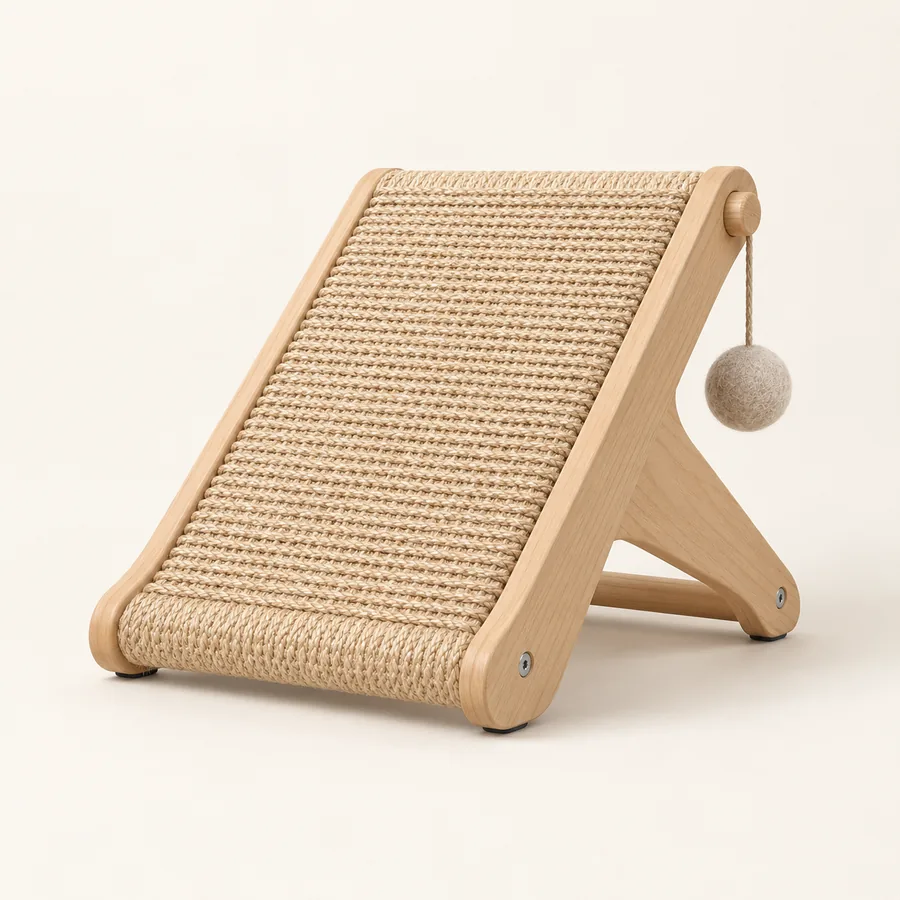 Compact wood and sisal cat scratcher design with a felt play ball